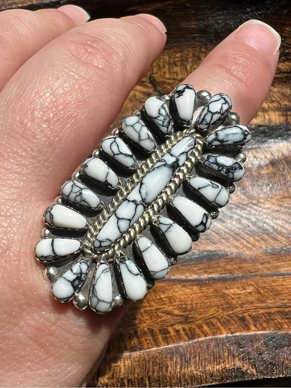 Davina Benally Navajo White Buffalo Sterling Silver Cluster Ring Sz 9.75